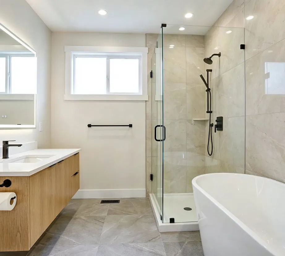 Bathroom remodeling project in Los Angeles featuring modern walk-in shower with glass enclosure, freestanding tub, and tile flooring