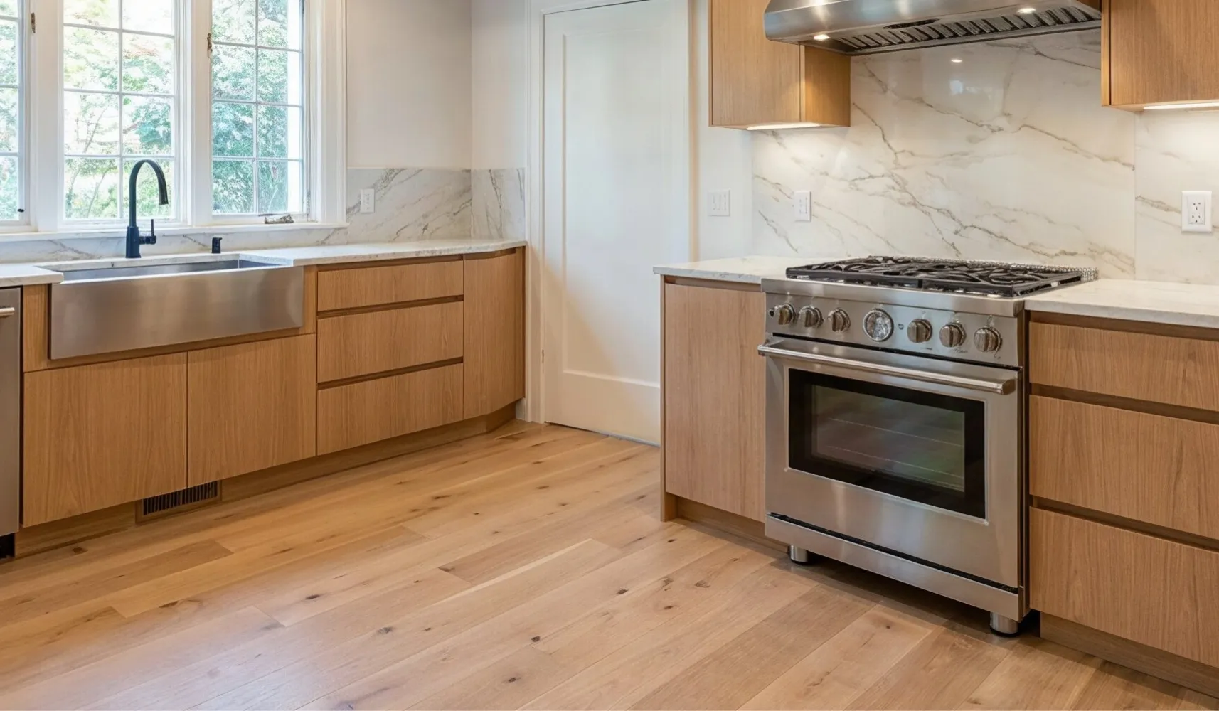 Kitchen remodeling project in Los Angeles with modern wood cabinets and stainless appliances