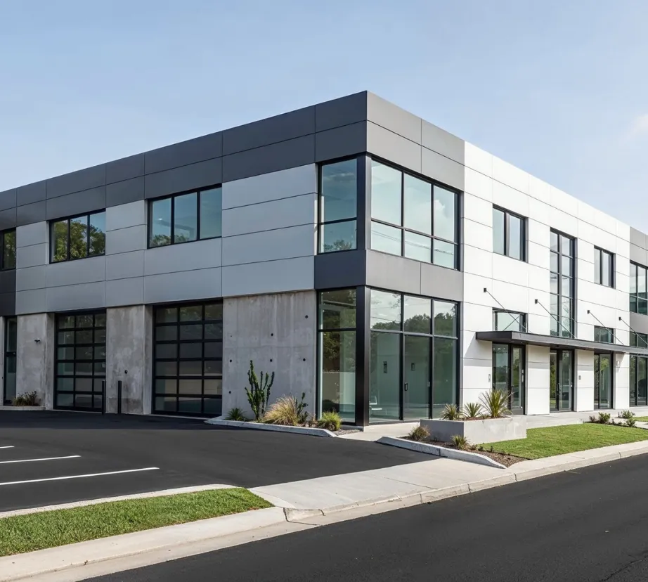 Commercial remodeling project in Los Angeles featuring modern office building with updated facade, large glass windows, and contemporary exterior design