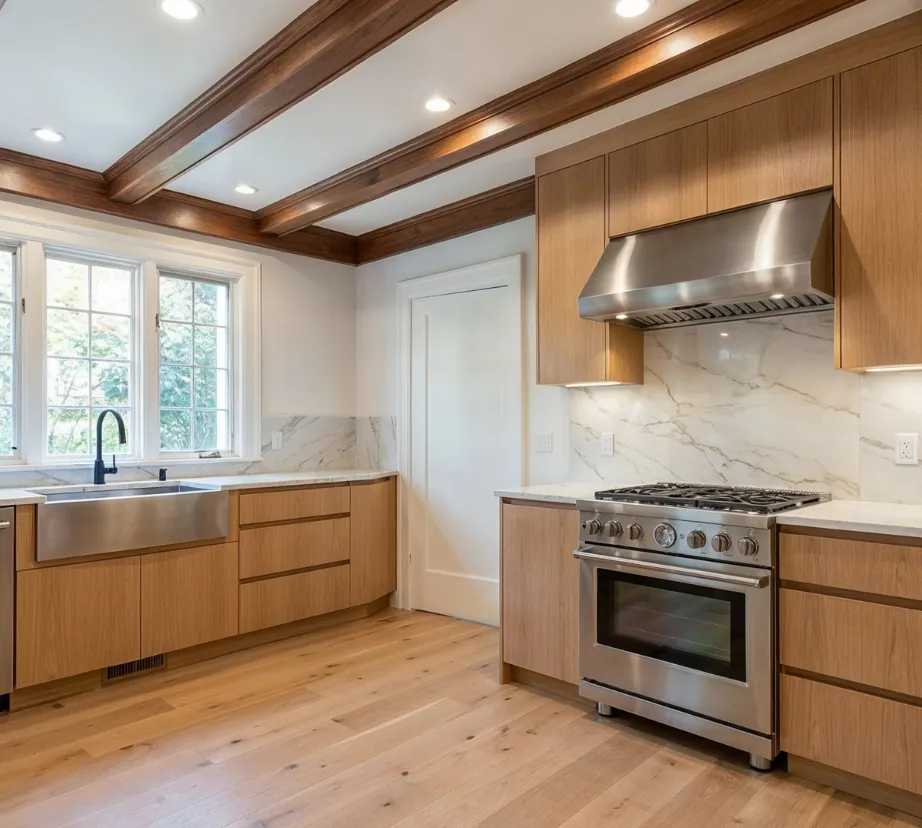 Kitchen remodeling project in Los Angeles with modern wood cabinets, stainless steel appliances, marble backsplash, and hardwood flooring